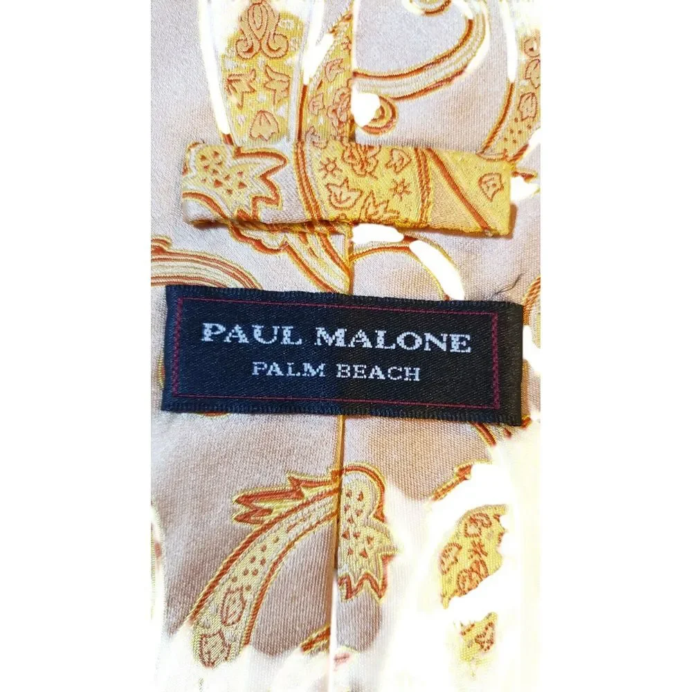 Paul Malone Palm Beach‎ Neck Tie Mens Orange Yellow Paisley 100% Silk Business